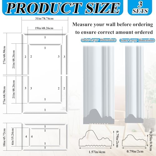 Pangda 3 Set Peel and Stick Wall Molding Kit Panel, 31x54 in - Image 2