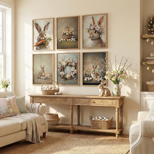 KYSNGMT Vintage Easter Bunny Wall Art Prints Set of 6 Unframed - Image 3
