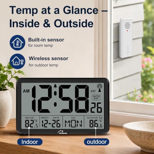 WallarGe Atomic Clock with Backlit, Indoor Outdoor Temp, Battery Operated - Image 7