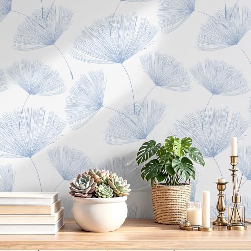 Safiyya Blue and White Peel and Stick Wallpaper Dandelion 17.3in x78.7in by SAFIYYA