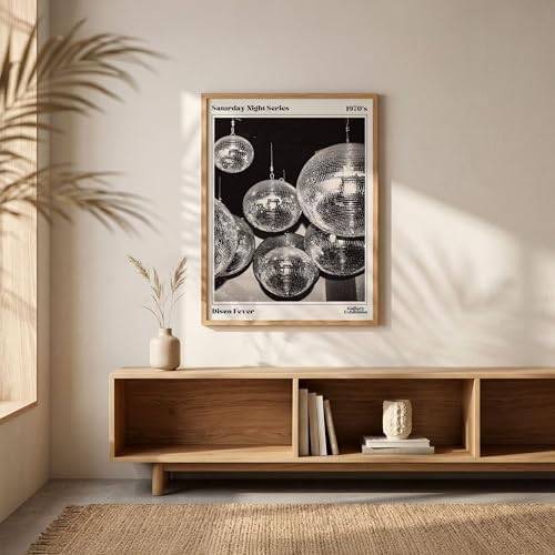 70s Disco Ball Wall Art 16x20in Wood Grain Frame Vintage Black and White - Image 2