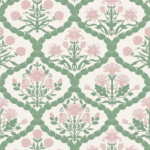 Pink Floral Peel and Stick Wallpaper Vintage Wall Paper Boho Pink Floral Damask by LUKUUI