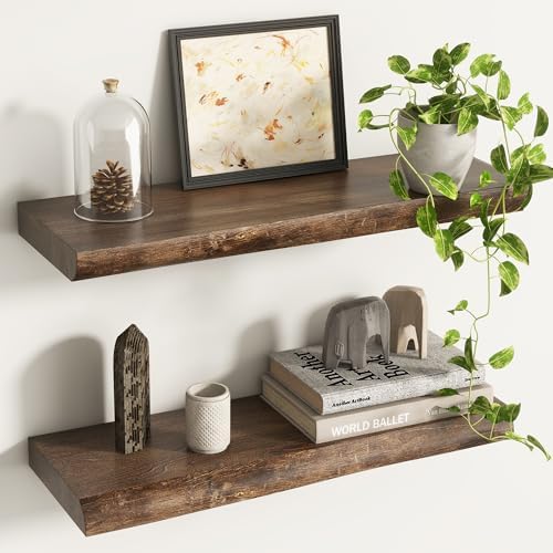 Live Edge Floating Shelves for Wall Decor, Solid Elm Wood Floating Shelves Wall by Venusmiles