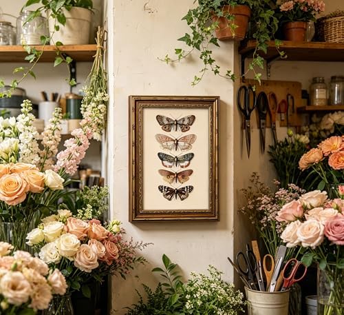 Vintage Gold Framed Butterfly Canvas Wall Art, Retro Moody Moth Painting - Image 3