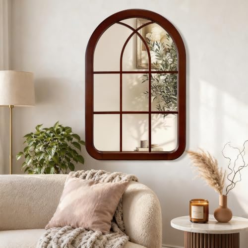 Arched Mirror 24 x 36 Inch, Window Walnut Brown Wood Bathroom Mirror - Image 5