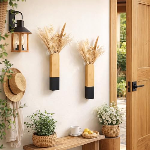 Modern Wall Vase, Natural and Black Two-Tone Finish, 11.8x2.6x1.6 Inches - Image 4