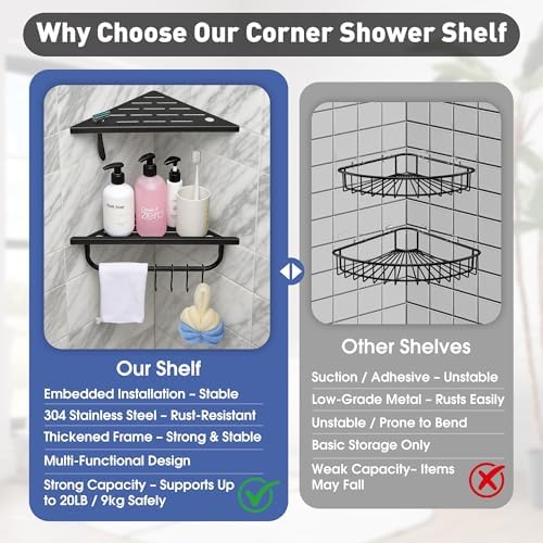 Corner Shower Shelf, 304 Stainless Steel Recessed Bathroom Shelves, Grout in - Image 7