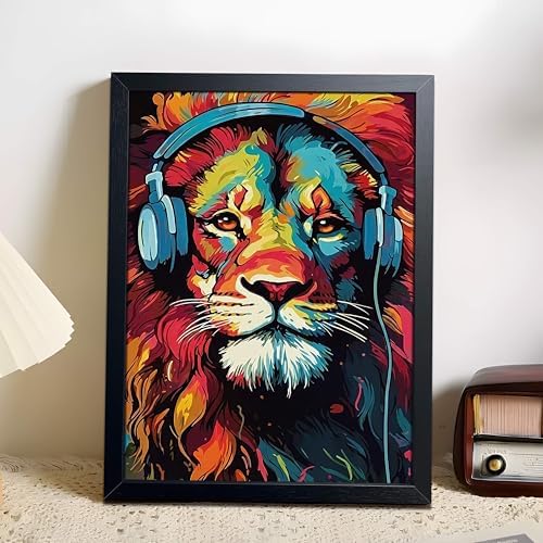 Colorful Lion Wall Art Framed Canvas Print, Lion Wearing Headphones Pop Art - Image 4