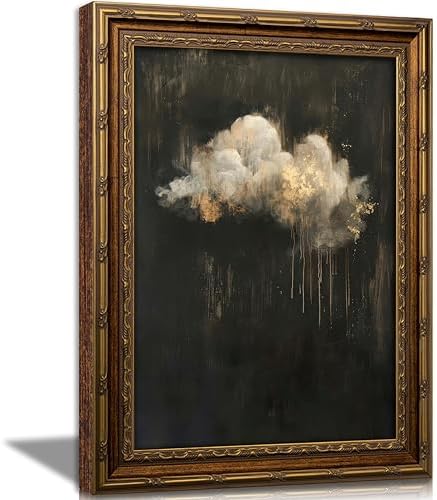 Vintage Framed Cloud Wall Art, Dark Moody Black Gold Cloud Canvas Print by VintageGoldFramedwallart