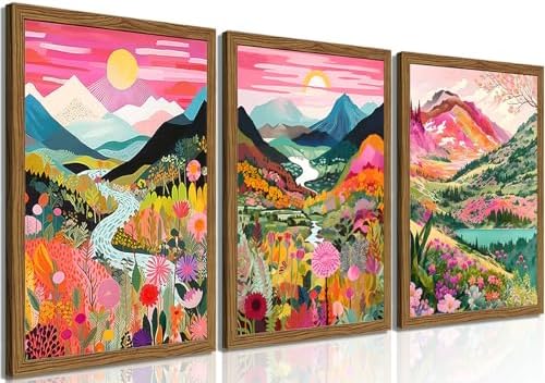 Boho Colorful Mountain Wall Art Set of 3, Abstract Watercolor Landscape Flower by fancynewWallArt