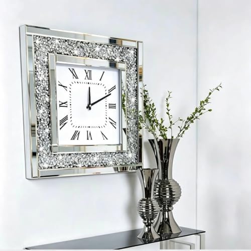 DMDFIRST Silver Square Mirror Clock 20x20inches Crystal Sparkle Twinkle Bling - Image 6