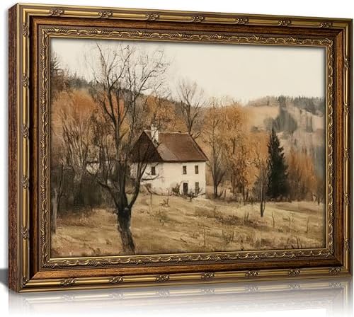 Vintage Gold Framed Autumn Country Cottage Wall Art ，Rustic Farmhouse Landscape by HPZFEIJJWallArt