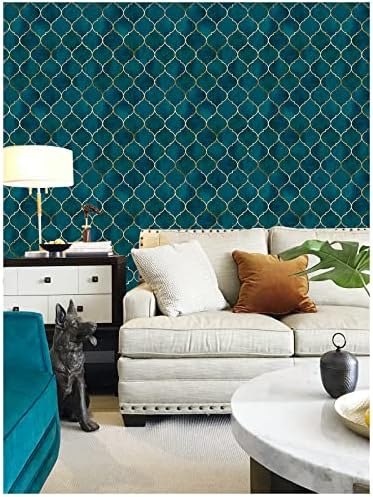 HAOKHOME Geometric Peel and Stick Wallpaper Modern Art Deco Teal Blue Gold - Image 2