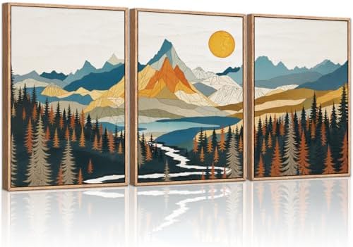HLNIUC Large Sunset Mountain Framed Wall Art, Boho Forest Pine Tree Canvas Wall by HLNIUC