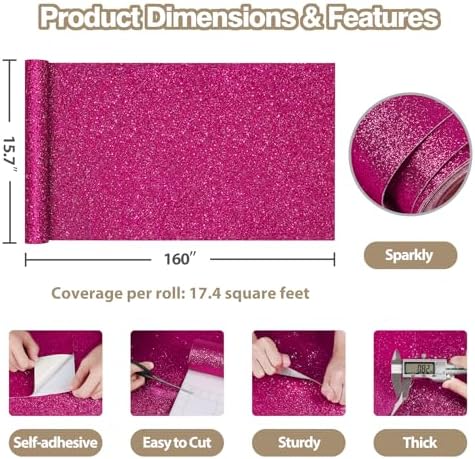 Hot Pink Glitter Wallpaper Self Adhesive Sparkle Pink Contact Paper - Image 3