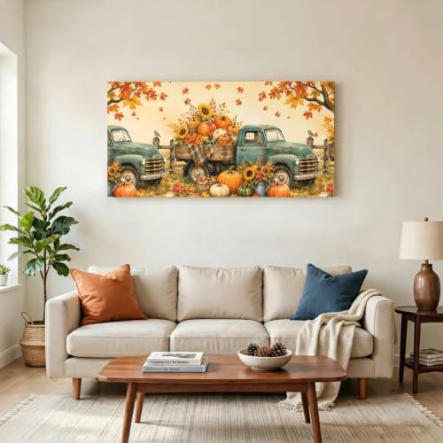Fall Farmhouse Large Wall Art Vintage Truck Pumpkins Sunflower Maple Leaf - Image 3