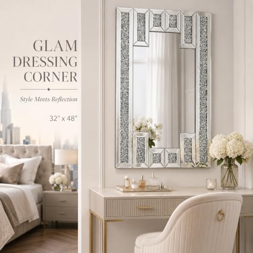 Crushed Diamond Rectangular Wall Mirror 32"x48", Bling Rhinestone Mirror Art - Image 4