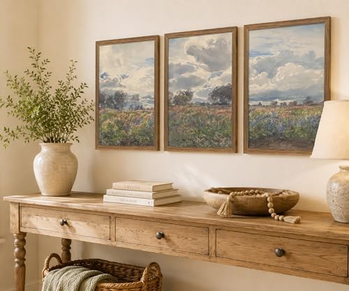 Vintage Framed Farmhouse Wildflower Meadow Landscape Wall Art Set of 3 - Image 6