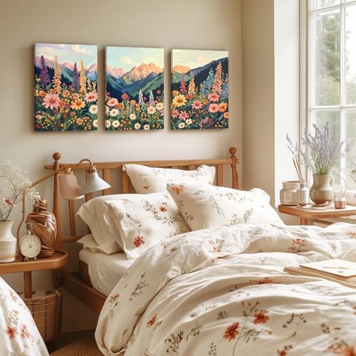 Hianan Wrapped Canvas Boho Moutain Wildflower Wall Art Set of 3, 12x16 in - Image 5