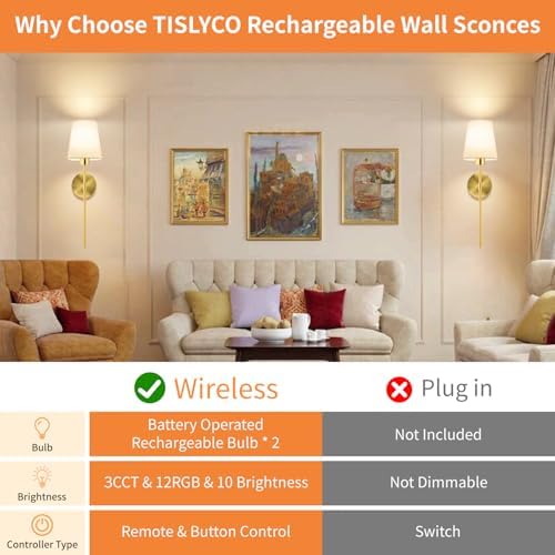 TISLYCO Battery Operated Wall Sconces Set of 2, 12 RGB Colors & 3 Color - Image 5