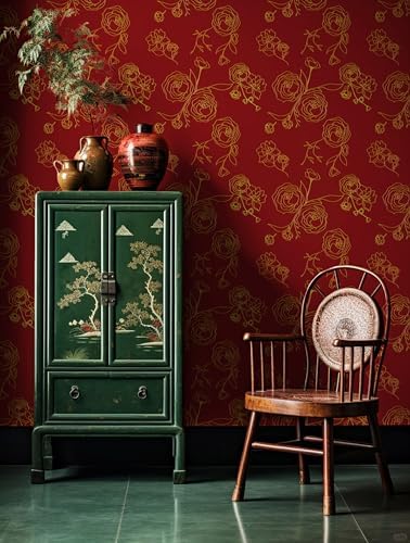 Safiyya 118"x17.3" Peel and Stick Wallpaper Red and Gold Contact Paper Floral - Image 3