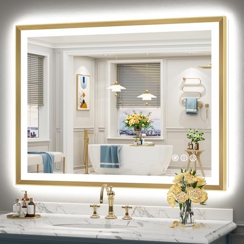 48x36 Gold Beveled LED Lighted Bathroom Mirror, Backlit & Front Lit by Awandee