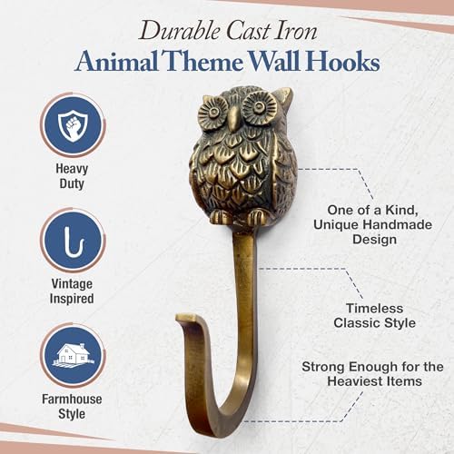 Cast Iron Owl Hook, Heavy Duty, 4.9 inch Tall, Farmhouse Decorative Wall Hook - Image 2