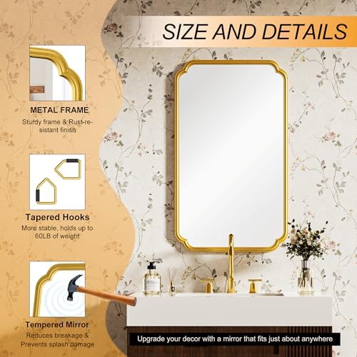 Ferytange 26"x40" Rustproof Bathroom Mirror Gold, Round Corner Metal Frame Wall - Image 6