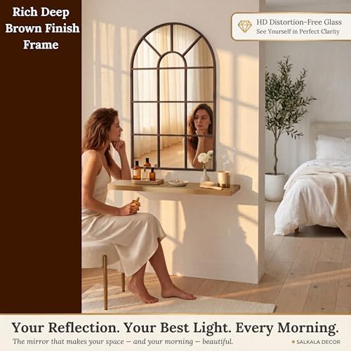 Brown Arched Windowpane Mirror 32x20 Inch, Bathroom Mirror Vanity Mirror - Image 2