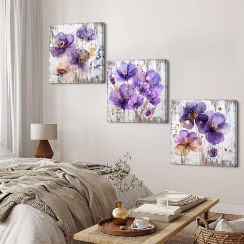 BL BORLINART Purple Wall Art Bathroom Decor Purple and Gold Flower Wall Decor - Image 2