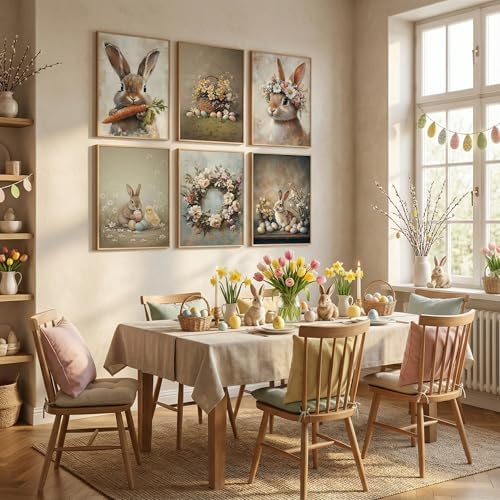 KYSNGMT Vintage Easter Bunny Wall Art Prints Set of 6 Unframed - Image 4