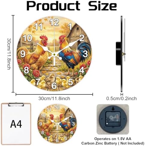 Farm Rooster Wall Clock Silent Non-Ticking 12" - Image 2
