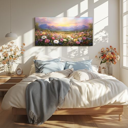 crmotu Rustic Landscape Wall Decor, Mountain Daisy Flower Prints 24"x48" - Image 2