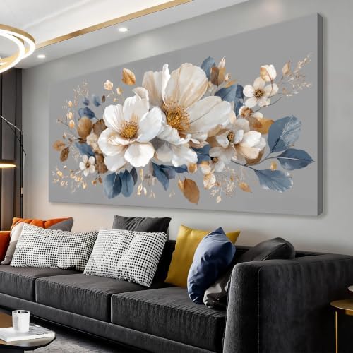 Neutral Gray White Floral Canvas Wall Art Decor by TQJYILUFAART
