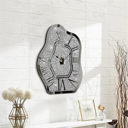 Modern Wall Clock for Living Room Decor Silver Crystal Crush Diamond Mirrored - Image 2