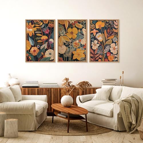 FWIEXA Burnt Orange Floral Framed Wall Art Set of 3, Large Mid Century Modern - Image 2