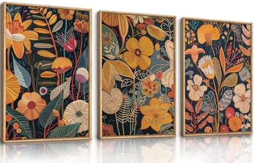 FWIEXA Burnt Orange Floral Framed Wall Art Set of 3, Large Mid Century Modern by FWIEXA