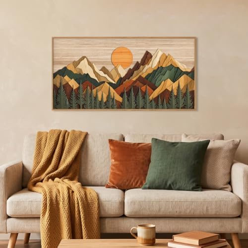 Boho Woodcut Style Mountain Framed Canvas Wall Art Set-40"x20"x1 by Celestdeco