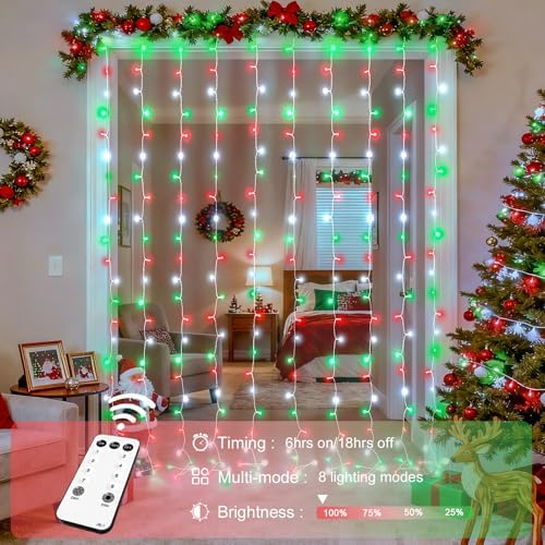 JMEXSUSS 300LED Red White and Green Christmas Curtain Lights - Image 3