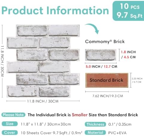 Commomy Brick Peel and Stick Tile 10 pcs 11.8"x 11.8"for Wall Decor - Image 4