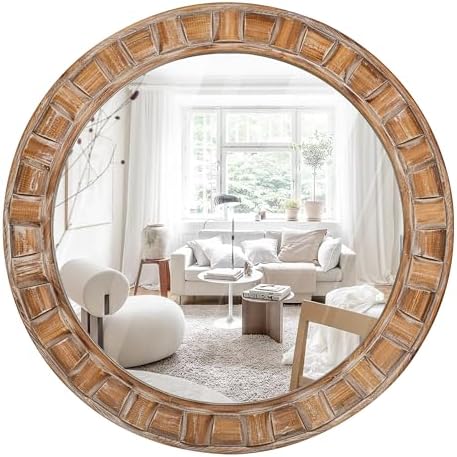 30 Inch Brown Solid Wood Round Wall Mirrors by XGGJWW