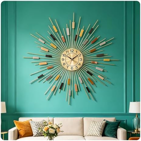 24" Large Sunburst Wall Clock, Boho Modern Farmhouse Metal Decorative Clock by PSYCHEGOD