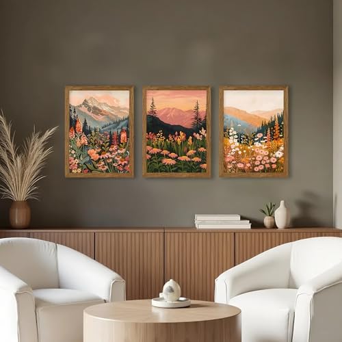 3 Piece Wildflower Mountain Wall Art Colorful Landscape Canvas Art 12x16in - Image 3