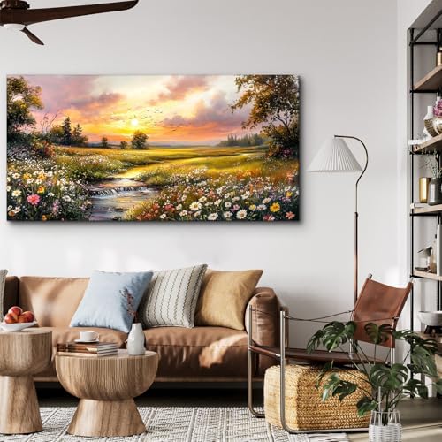 crmotu Extra Large Canvas Art, Rustic River Meadow Wall Decor 29X57 In - Image 3