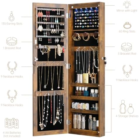 Full Length Mirror Jewelry Cabinet Organizer Lockable Door Wall-Mounted Jewelry - Image 3