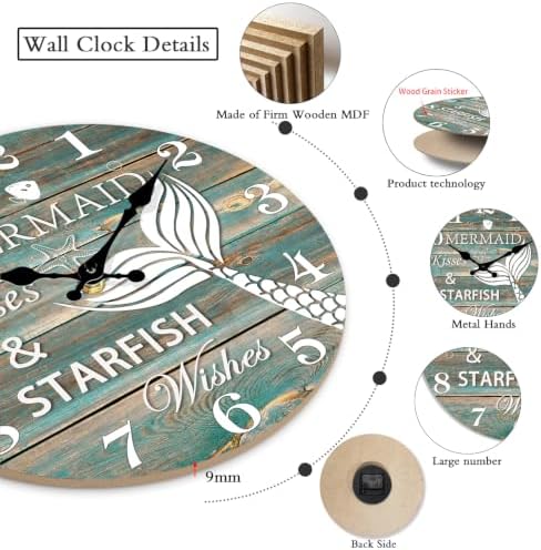 XFM Large Coastal Mermaid Wall Clock 24 Inch Silent Round - Image 5