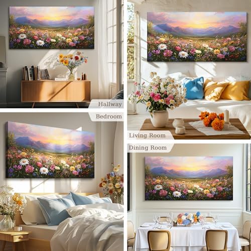 crmotu Rustic Oversized Canvas Art, Mountain Flower Sunset Prints 29"x57" - Image 3