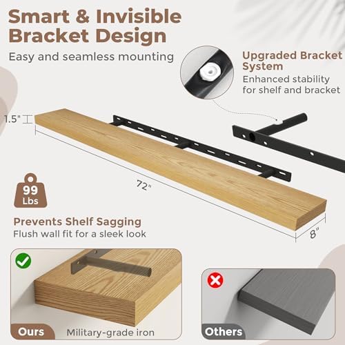 72 Inch Floating Shelves for Wall, Oak Finish - Image 2