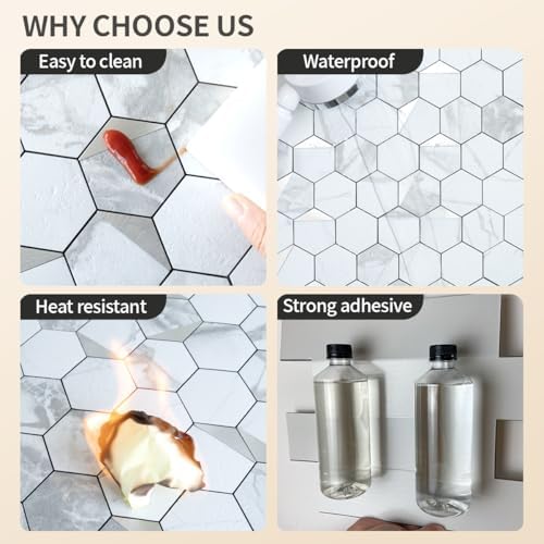 DICOFUN 10-Sheet White Hexagon Tile Peel and Stick Backsplash, Marble Look PVC - Image 5