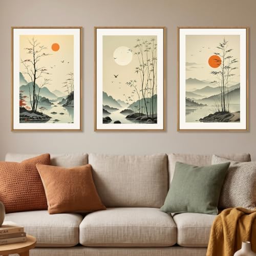 Chinoiserie Bamboo Forest Framed Canvas Wall Art Set, Nature Tree Lakes Wall by Celestdeco
